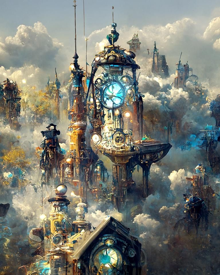 Steampunk Clock City in Monochromatic Palette