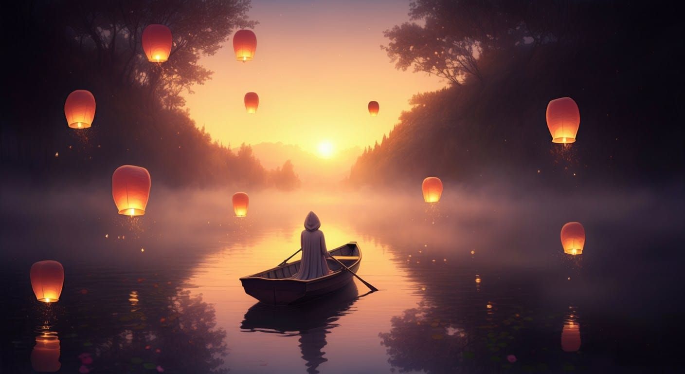 Dreamlike Woman in Boat at Golden Hour