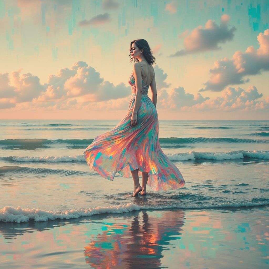 Ethereal Woman on Surreal Shoreline with Paper Waves
