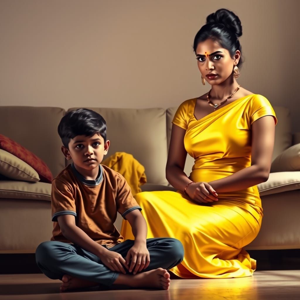 Indian Woman Admonishes Boy on Sofa in Dramatic Lighting