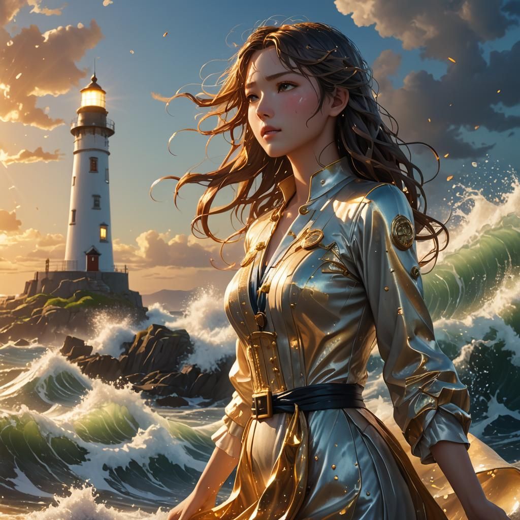 Anime Lighthouse: Woman in Golden Wave Light