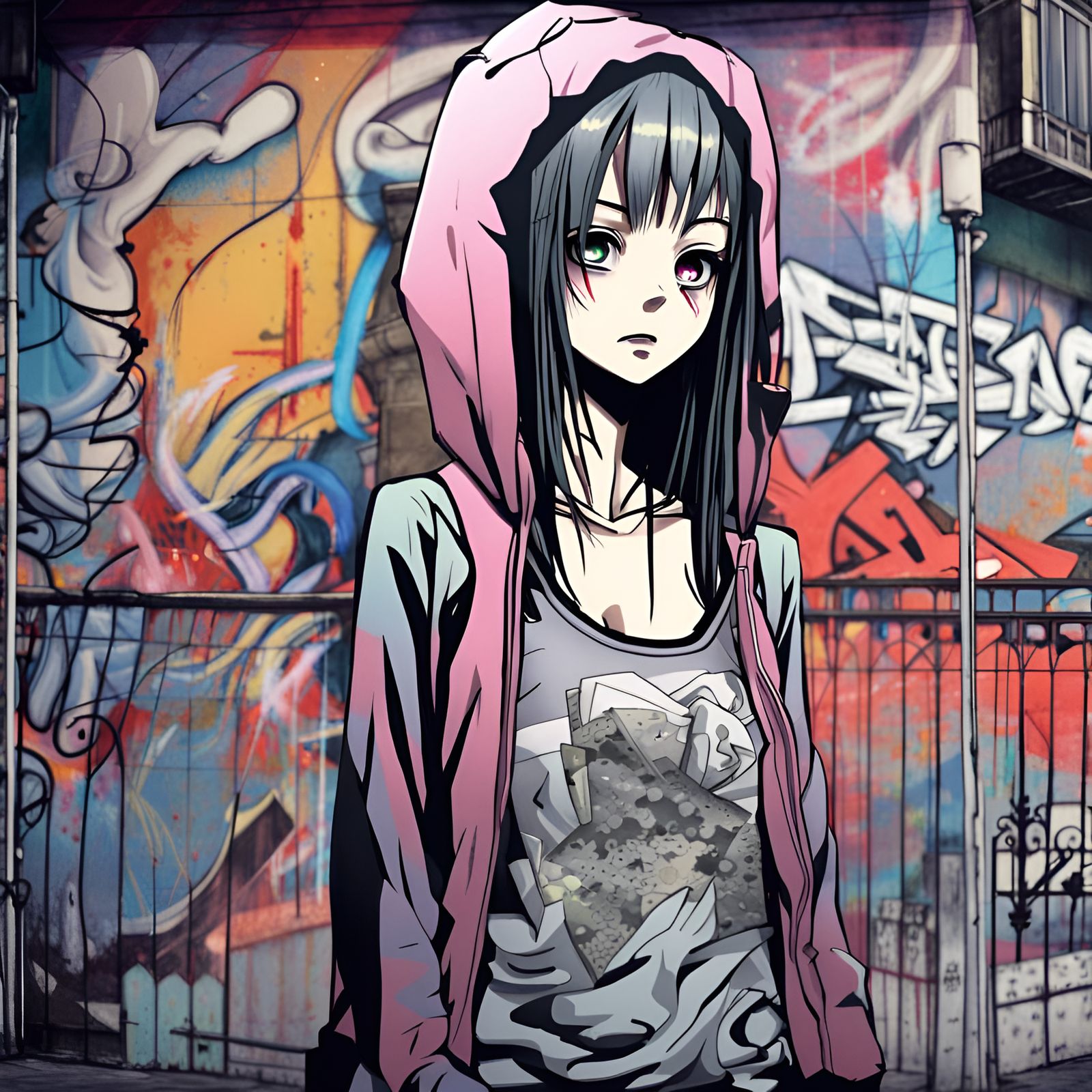 Moody Anime Girl with Graffiti Background