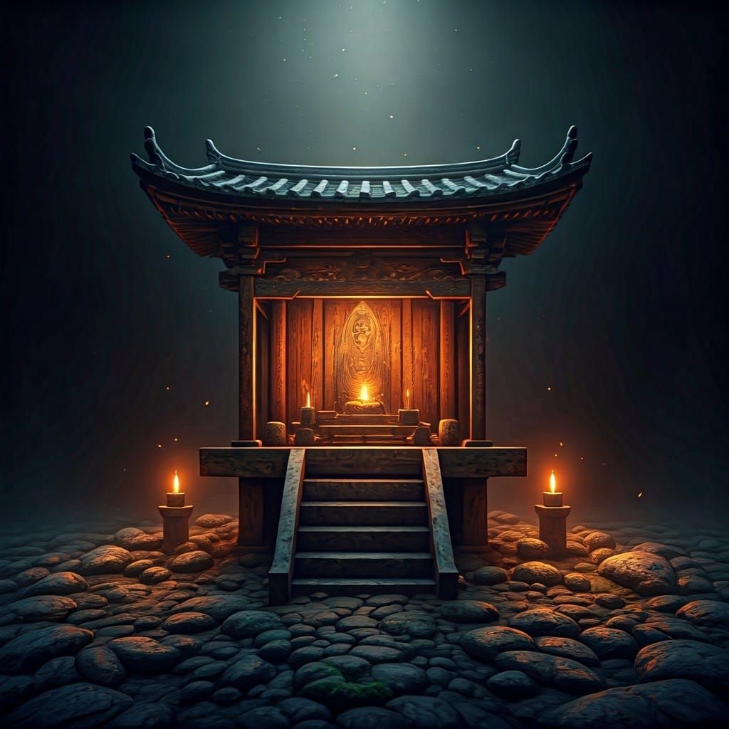 Ancient Zen Temple in Moody, High-Contrast Lighting