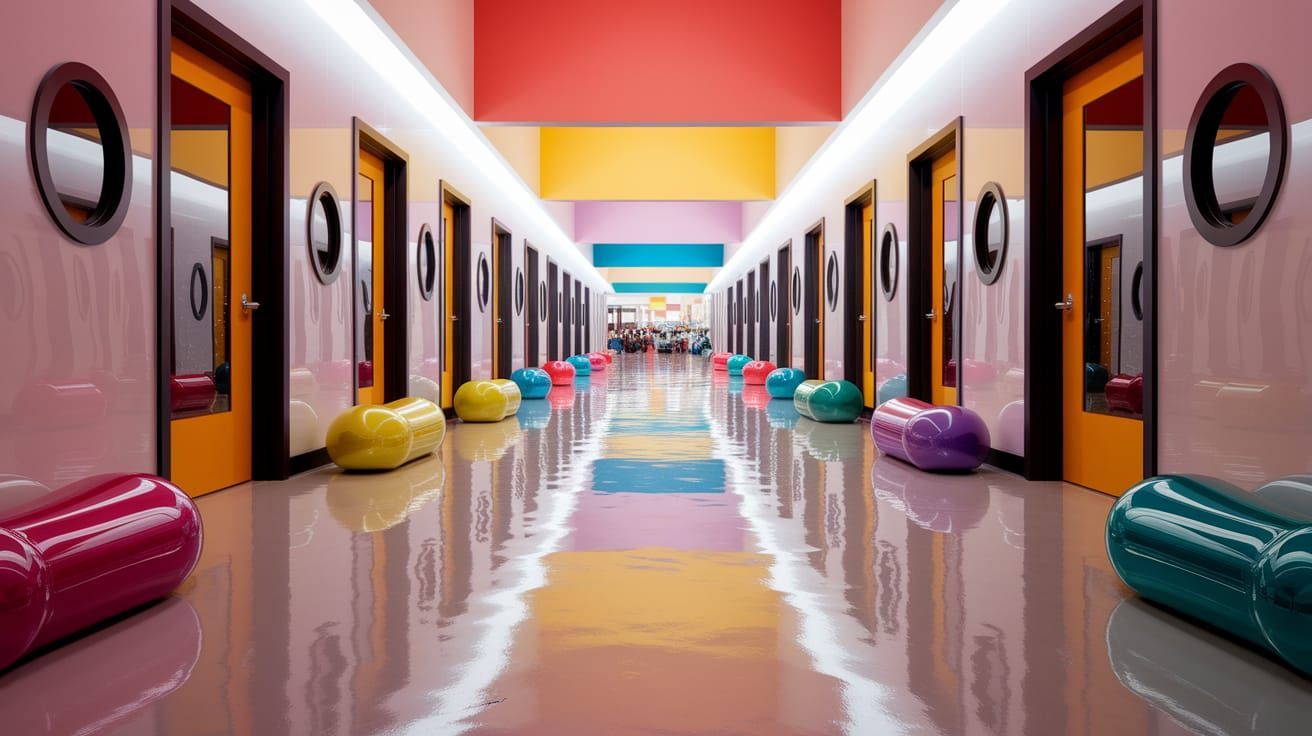 Whimsical Elementary School Hallway with Vibrant Colors and ...