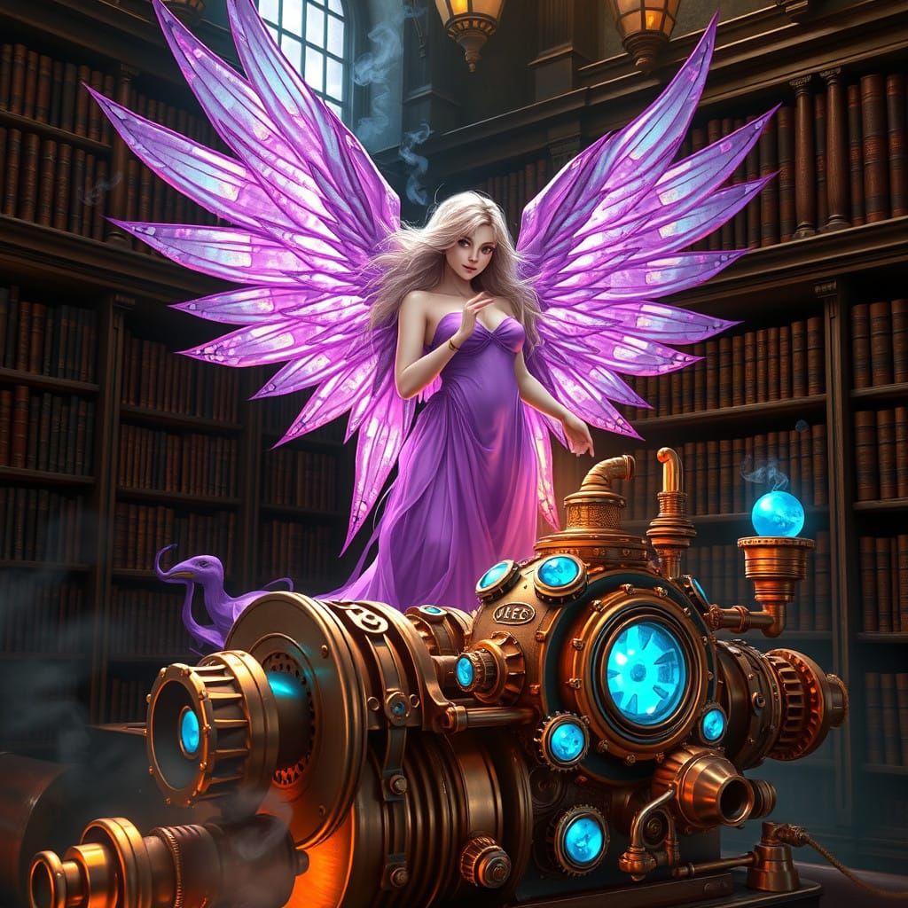 Majestic Purple Fire Angel in Victorian Library