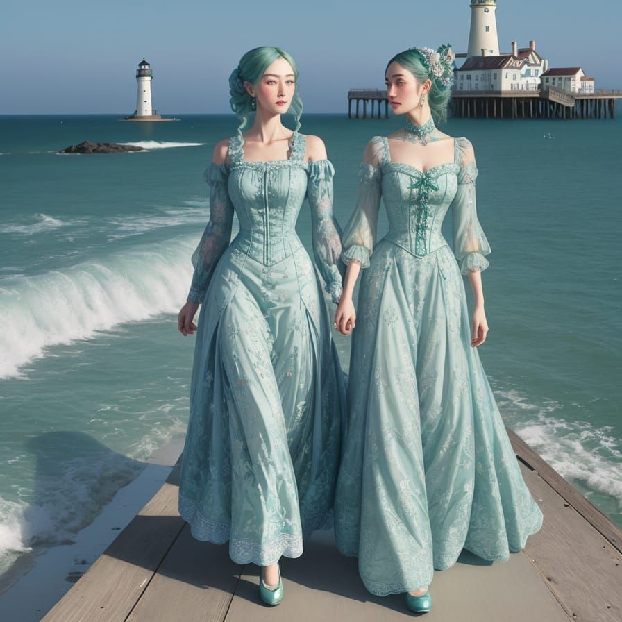 Victorian Woman and Surreal Lighthouse, Digital Art