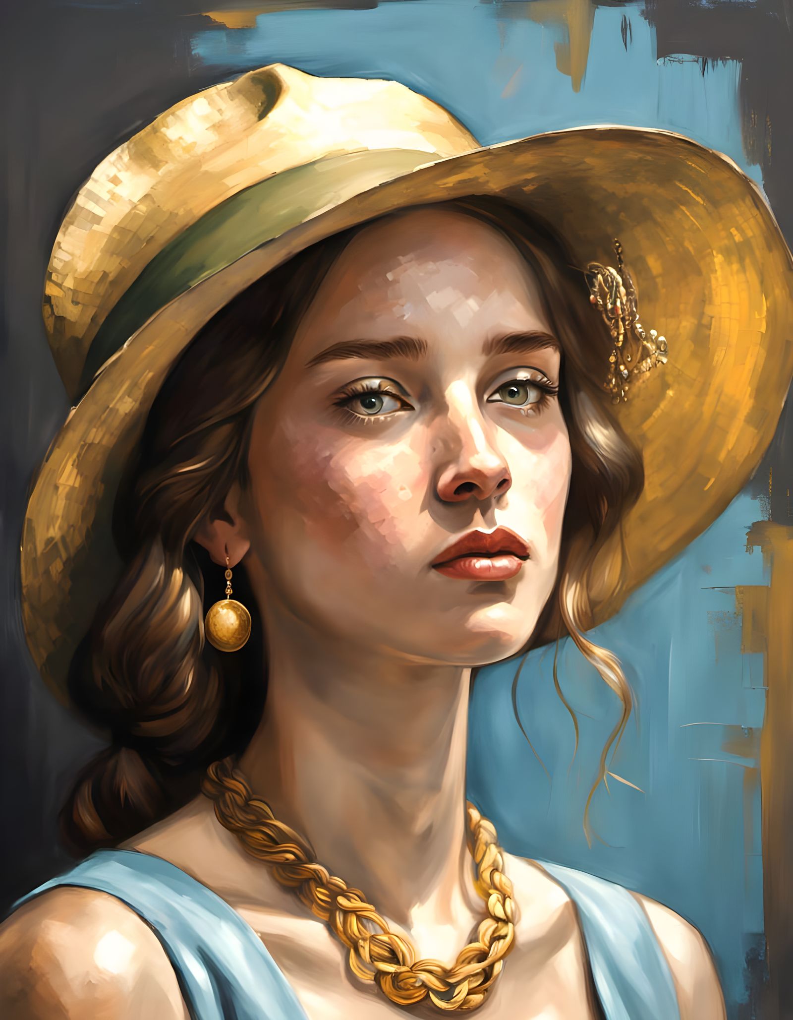 Young Girl with Wavy Brown Braid and Olive Sun Hat in Soft L...