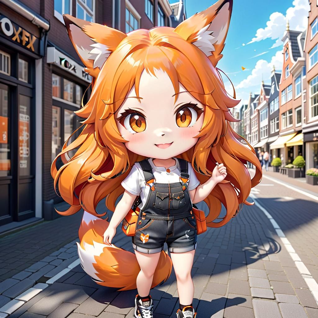 Anime Fox-Girl in Overalls Posing in Amsterdam