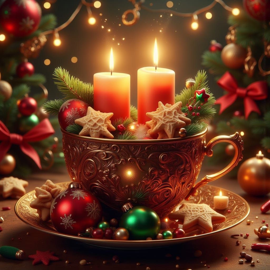 Cozy Christmas Teacup with Candles and Ornaments