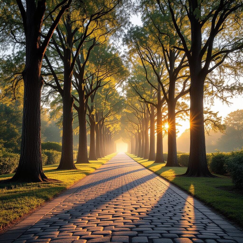 Serene Cypress Trees and Cobblestone Path at Dawn, Photoreal...