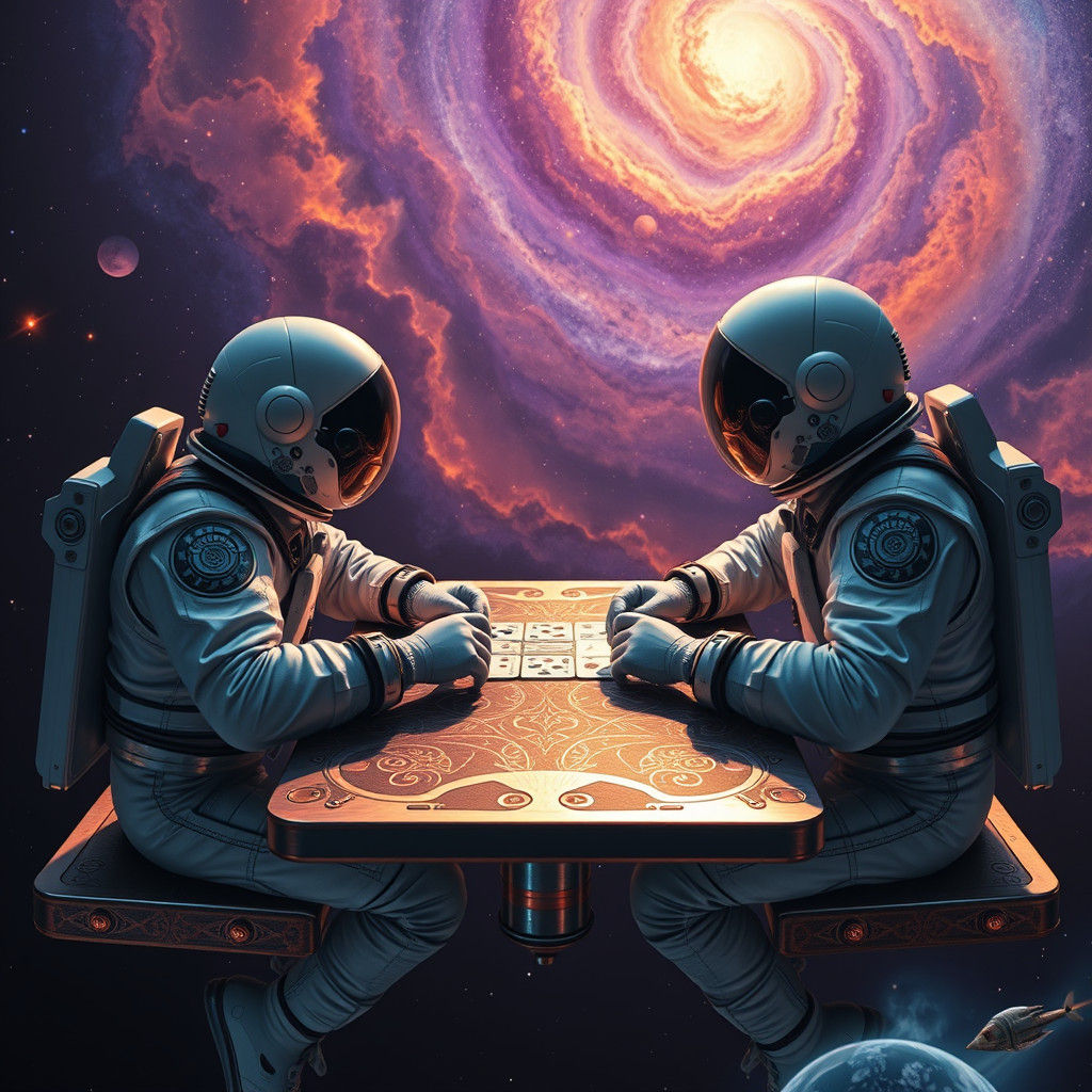 Astronauts Playing Cards in Space, Fantasy Concept Art