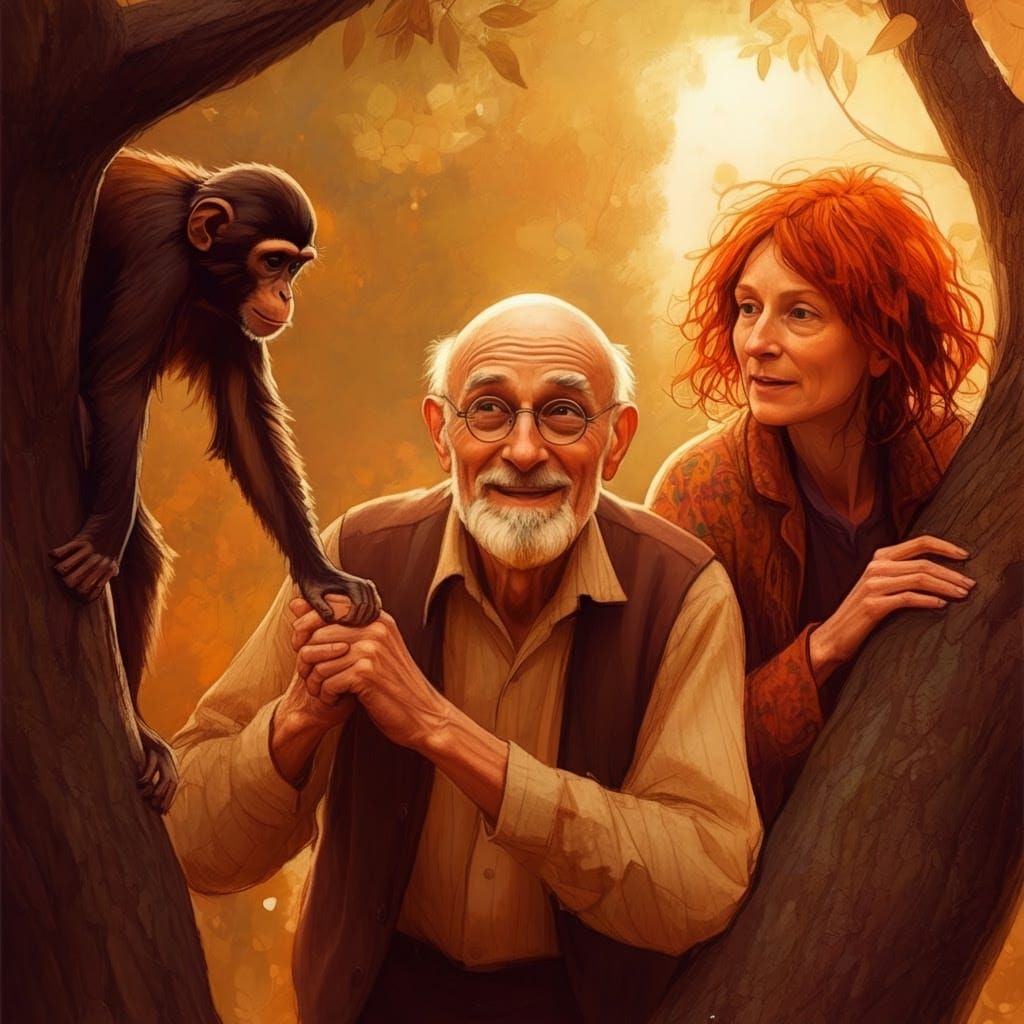 Elderly Gentlemen and Bohemian Lady Assist a Monkey in a Vib...