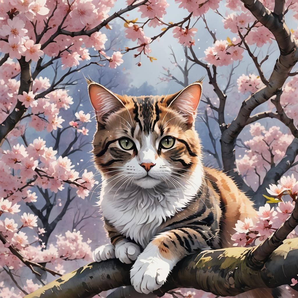 Cat Under Sakura Trees in Watercolor Style
