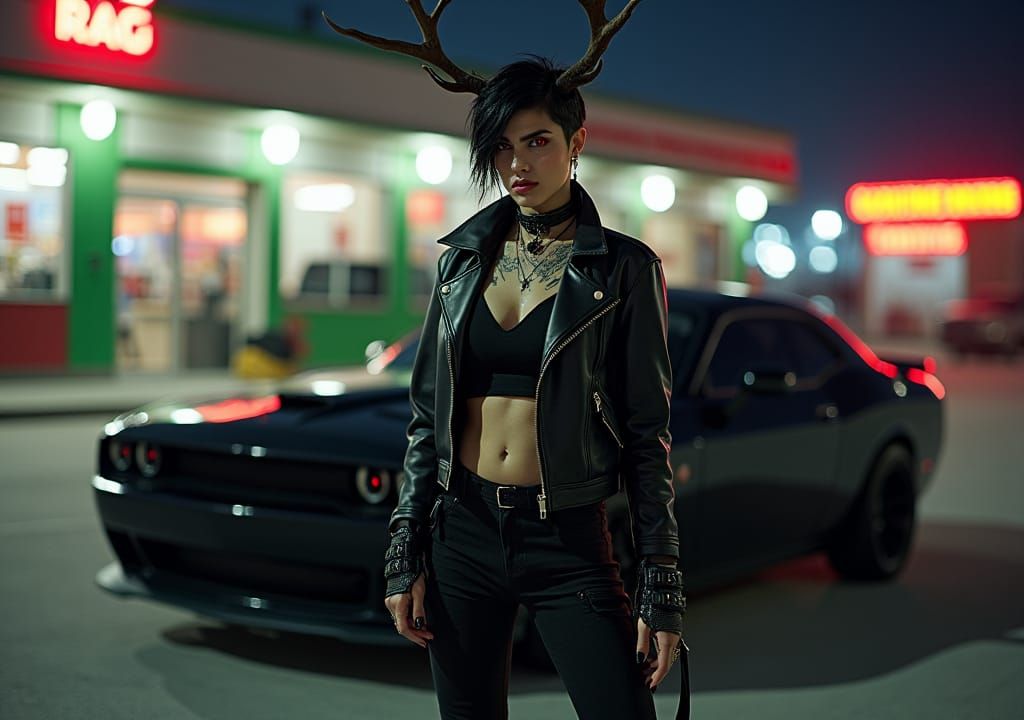 Androgynous Woman with Antlers Next to Muscle Car