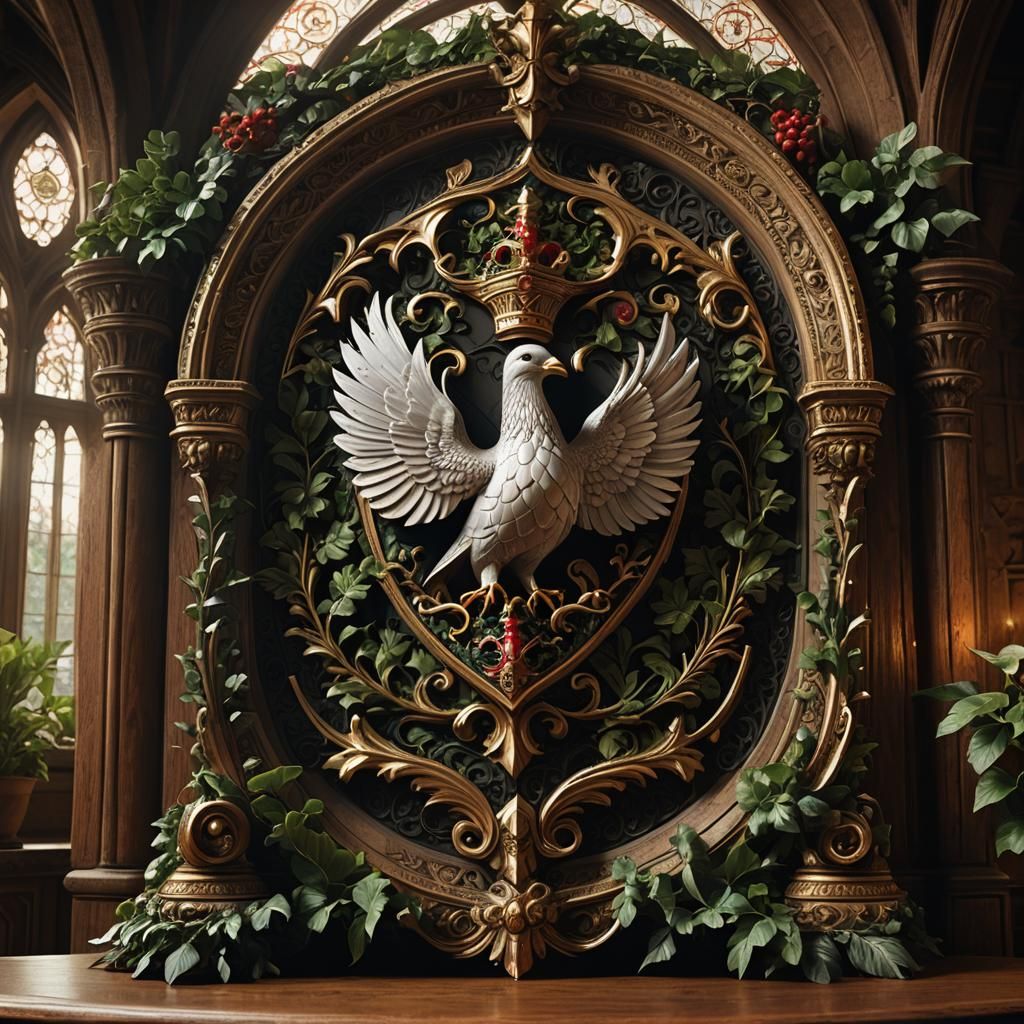 Ornate Shield with Dove Crest in Matte Painting Style