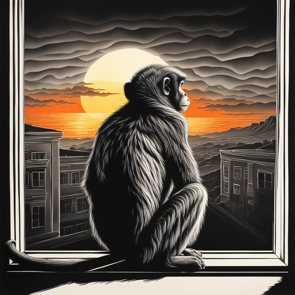 Lonely Monkey Gazing at Sunset: Monochromatic Art