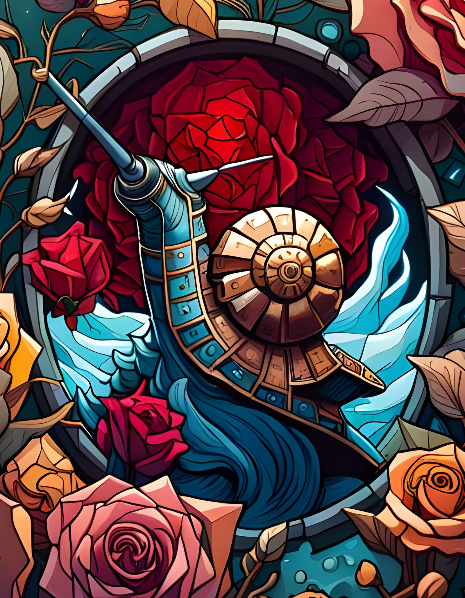 Stained Glass Mechanical Snail in Roses