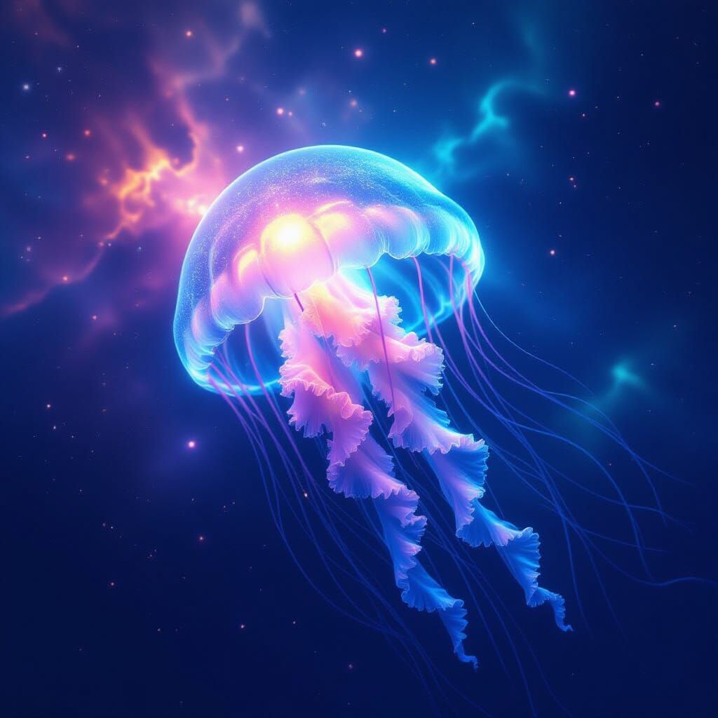 Bioluminescent Jellyfish in Cosmic Nebula, Digital Matte Pai...
