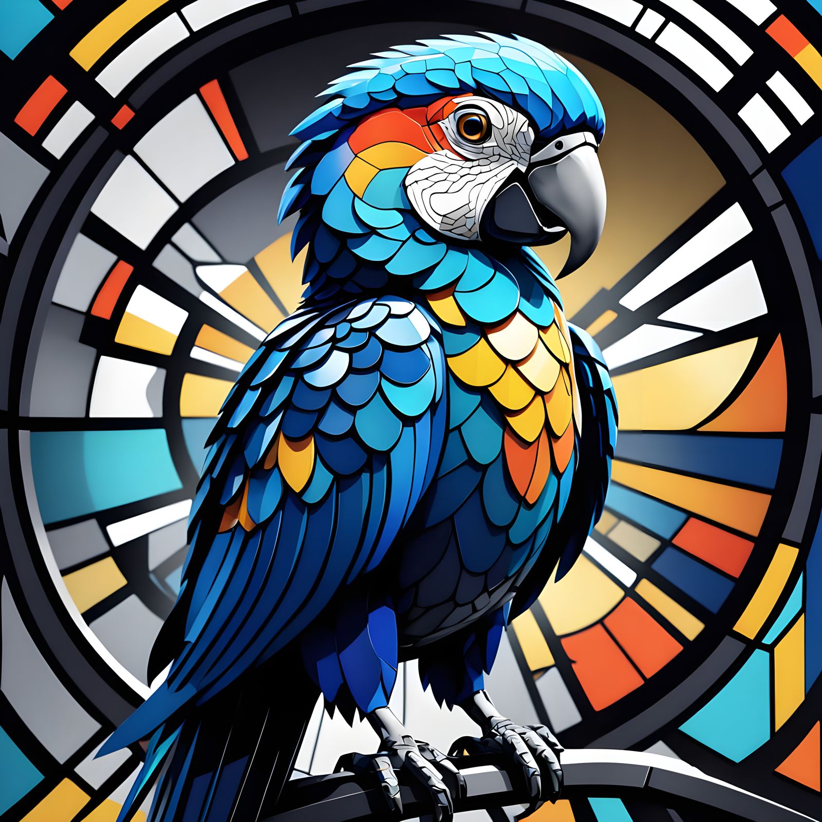 Intricate Steined Glass Parrot in Cubist-Inspired Black and...