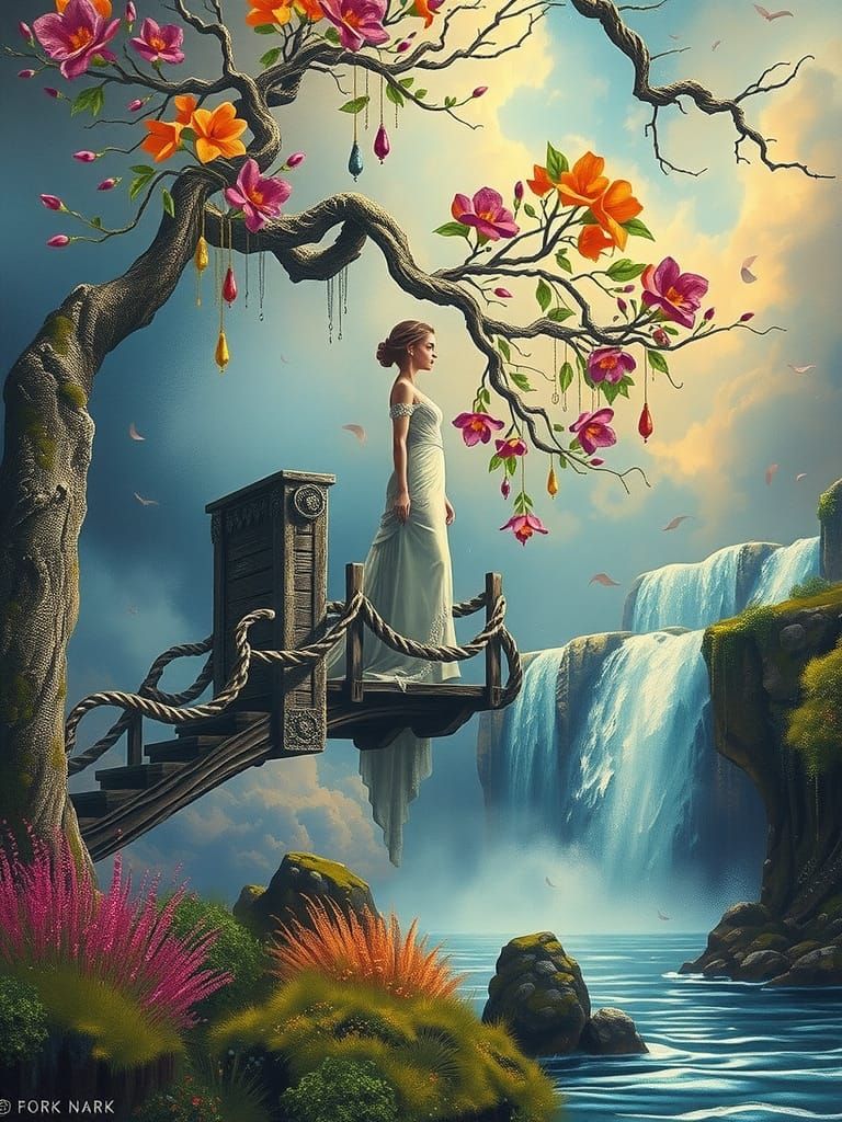 A woman in a flowing, ethereal gown stands serenely on a weathered, moss-covered bridge, suspended above a roaring water...