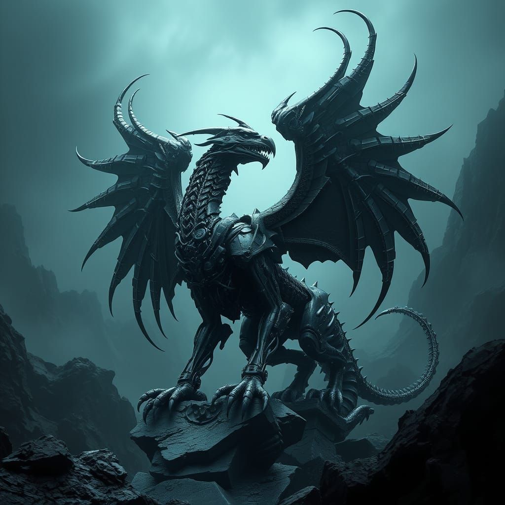 Obsidian Biomechanical Griffin Statue in Biomechanical Style