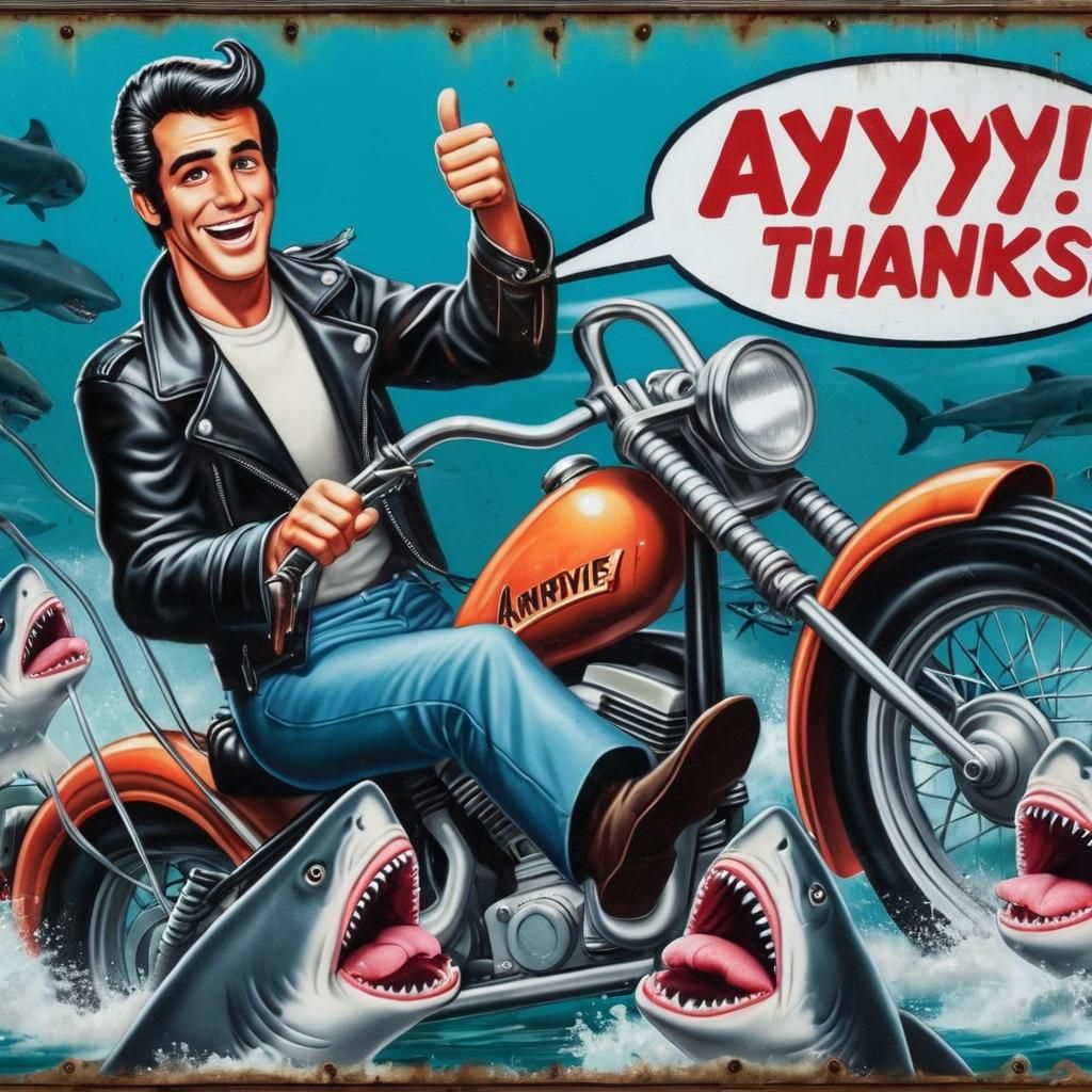 Fonzie's Shark Tank Motorcycle Ride: Retro Enamel Art