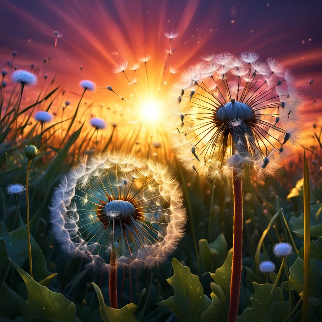 Rainbow Dandelion Against Sunset: Detailed Matte Painting
