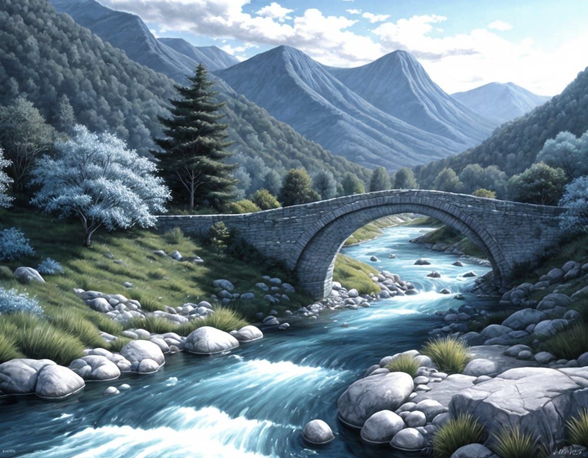 Stunning Gray Stone Bridge Landscape Painting