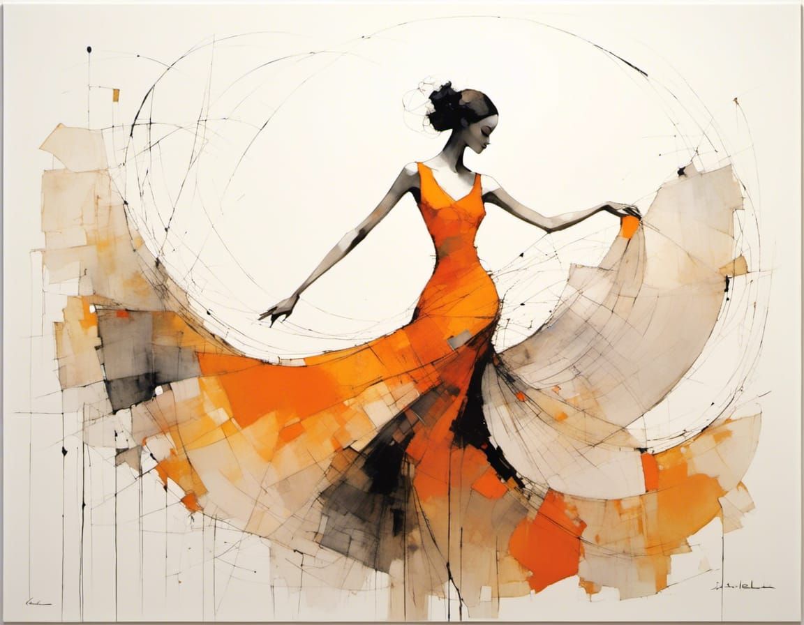 Abstract Flamenco Dancer in Flowing Orange Dress