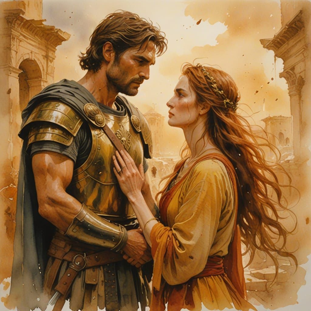 Hector and Andromache's Farewell as Watercolor Painting