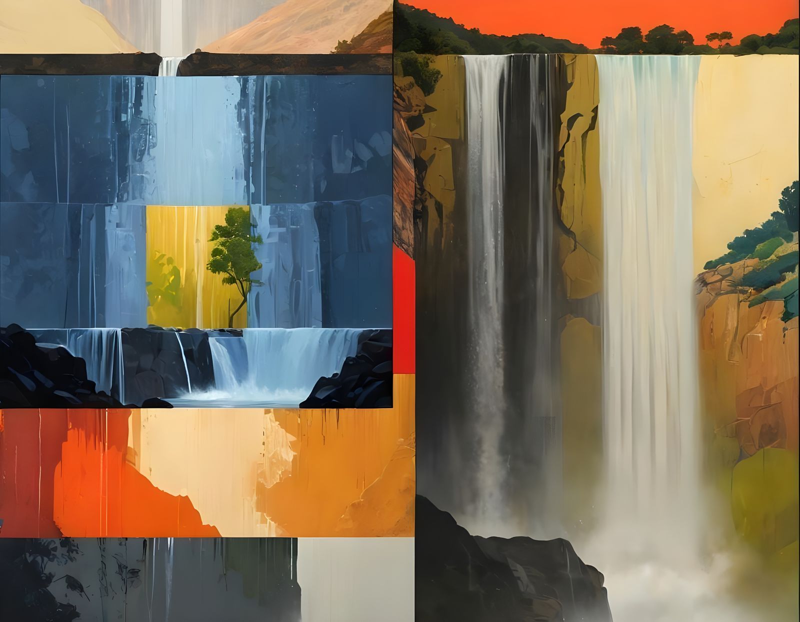 Landscape Painting with Waterfall in Quadrants