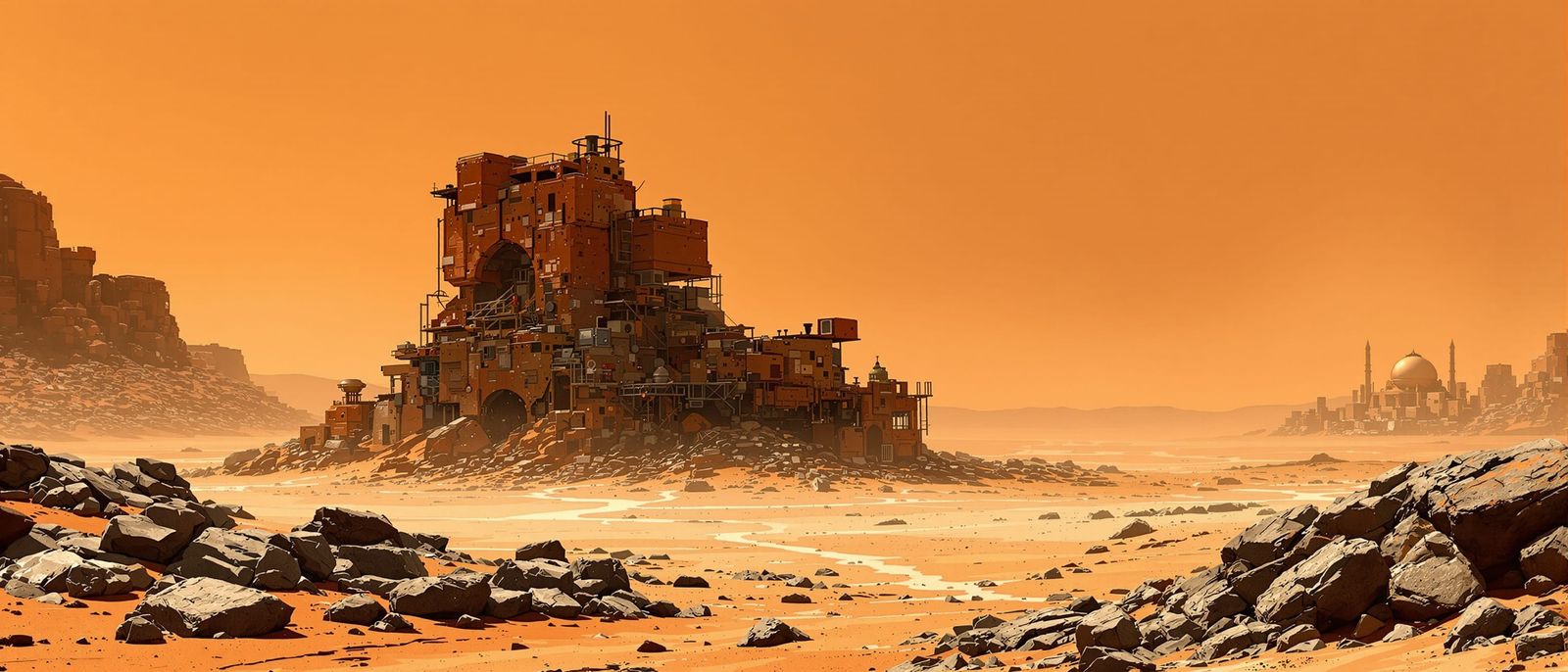 Martian Favela Under Orange Sky in Concept Art Style