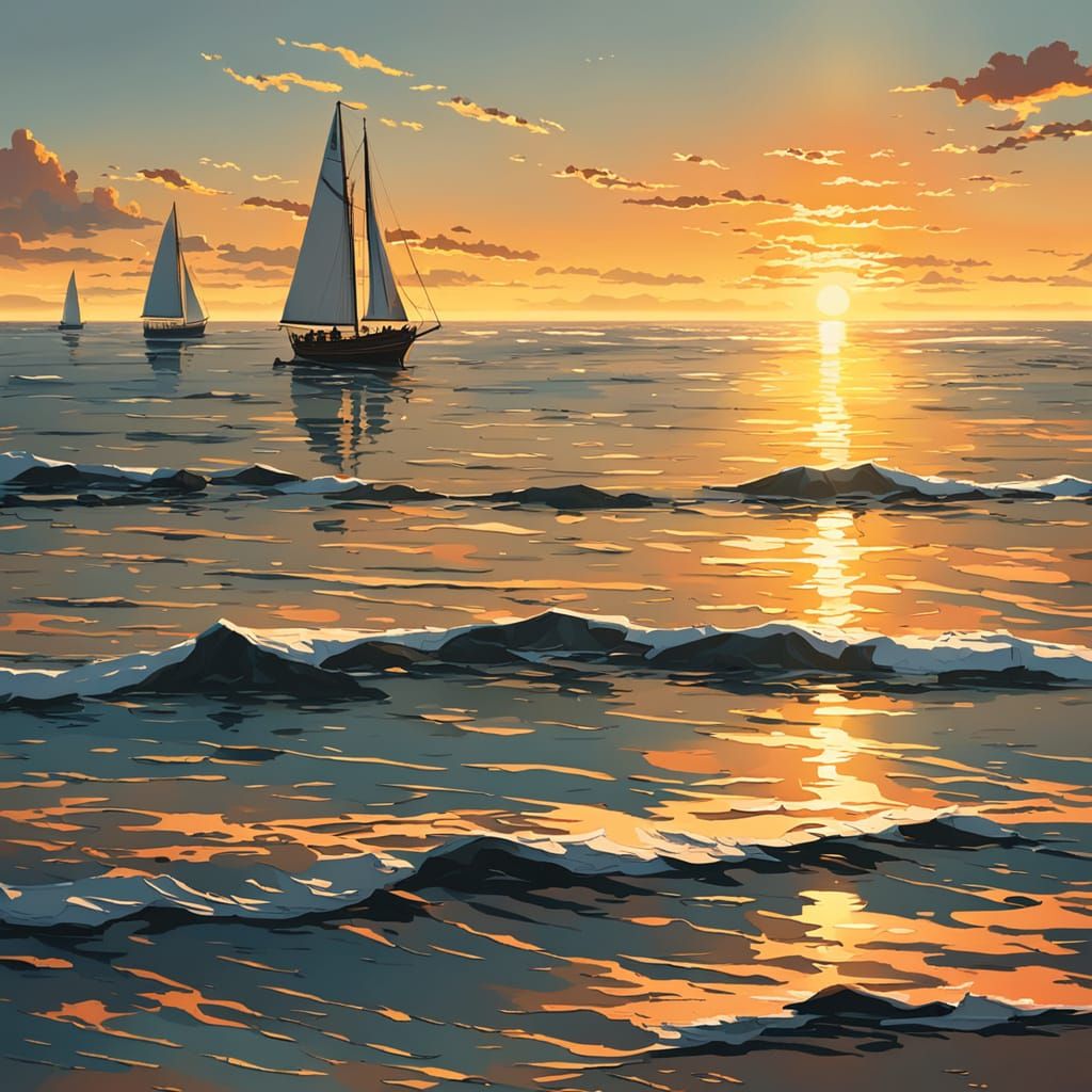 Seascape Painting: White Sails in Golden Sunset