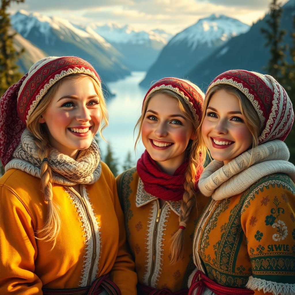 Joyful Nordic Women in Scandinavian Landscape
