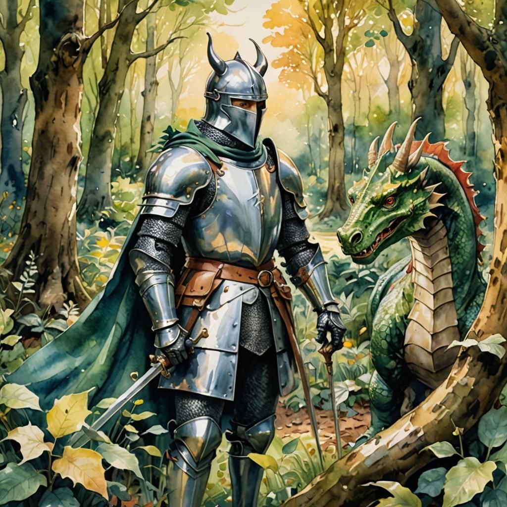 Knight Poses as Dragon Photobombs: Romantic Watercolor