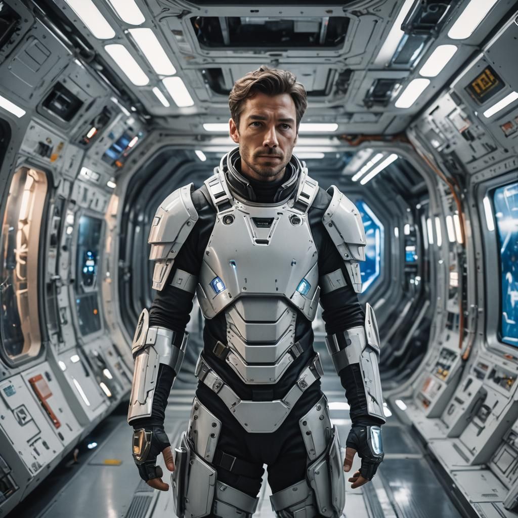 Futuristic Armored Man in Space Station