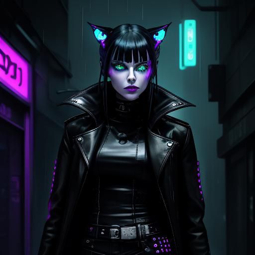 Cyberpunk Gothic Girl with Demon Cat Portrait