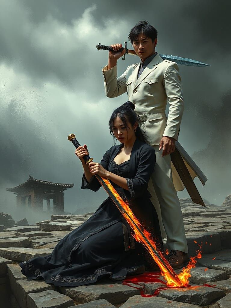 Asian Warrior Kneels with Flaming Sword, Defeated