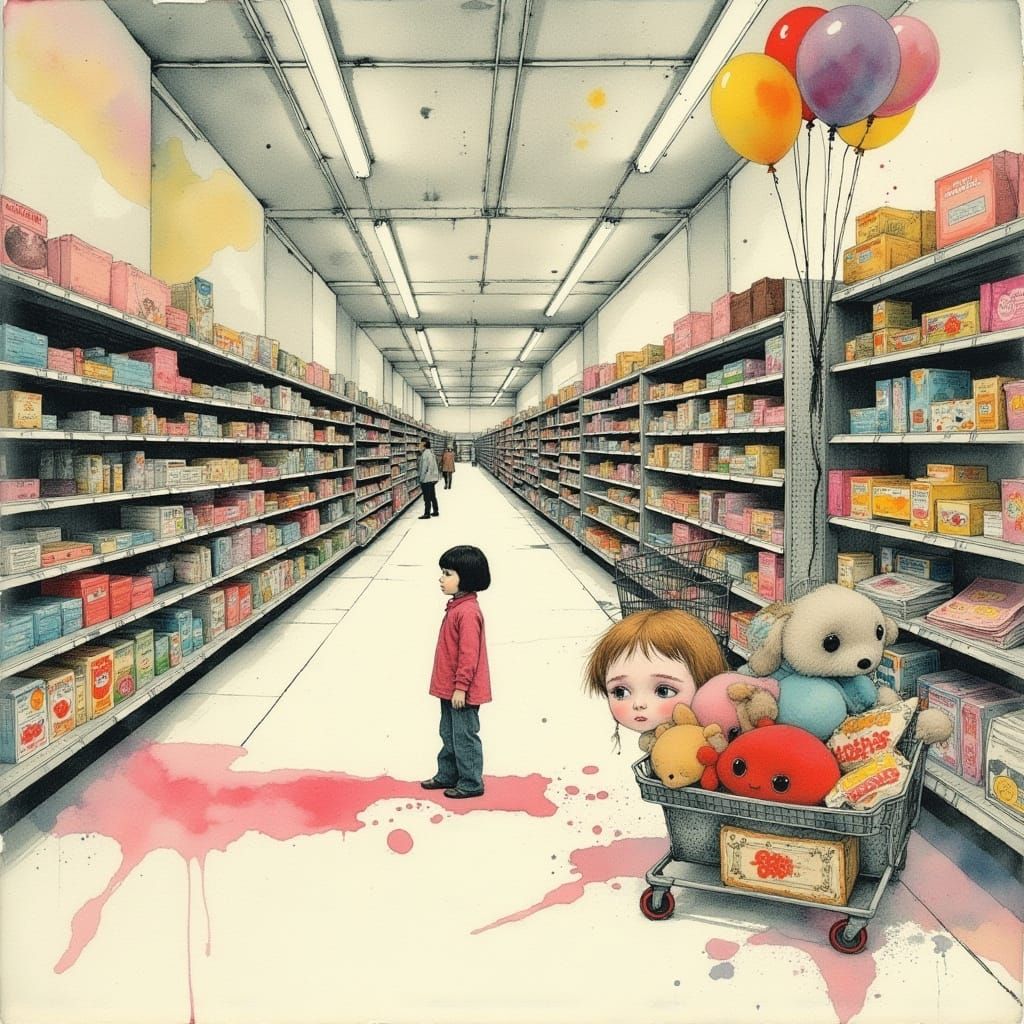 Carrito perdido entre pasillos – supermercado liminal en acuarela