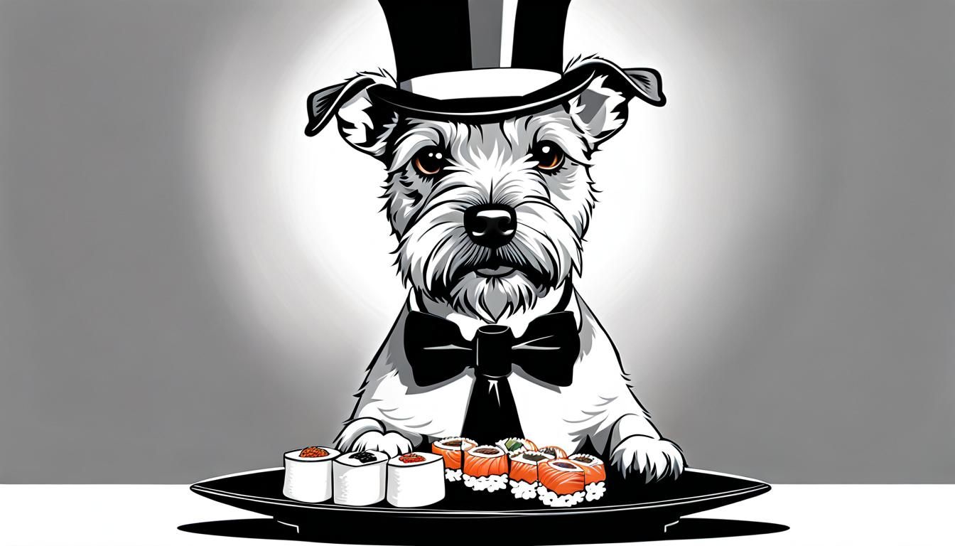 Ink Illustration: Scottish Terrier Eating Sushi