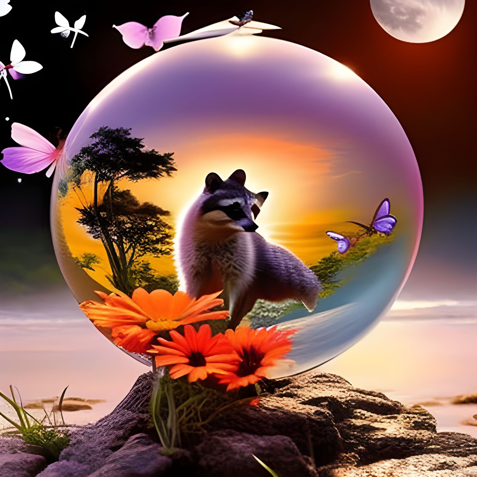Raccoon and Flowers in Crystal Ball on Beach