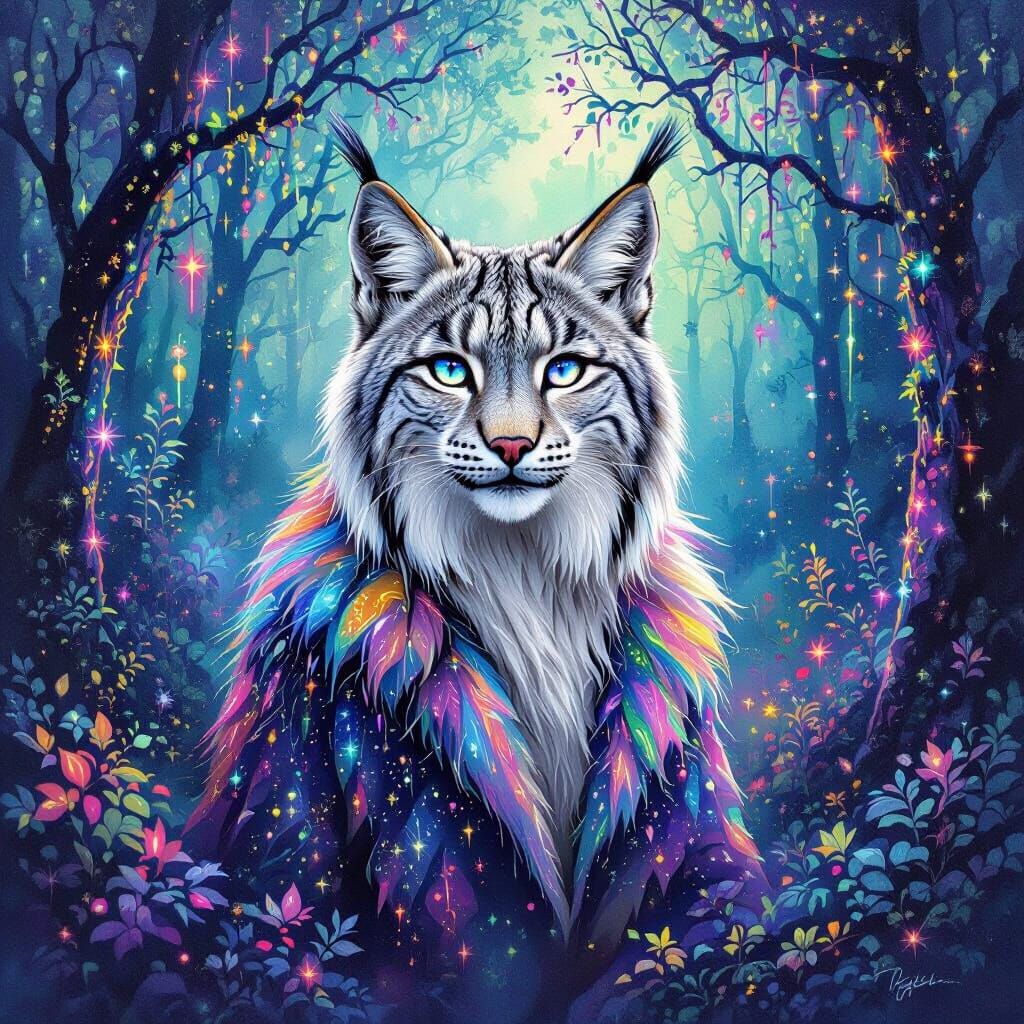 Lynx with Galaxy Eyes in Bioluminescent Forest