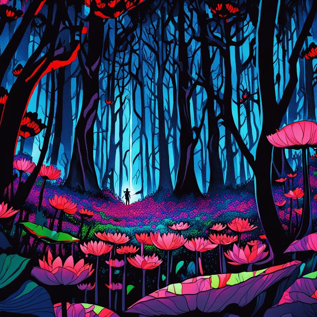 Glowing Lotus in Dark Forest: Fantasy Manga Inkwash