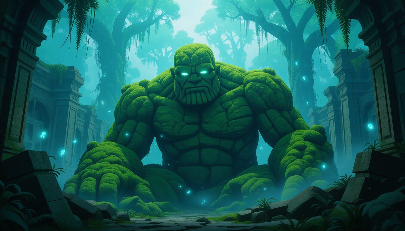 Mossy Stone Golem in Bioluminescent Jungle Ruins