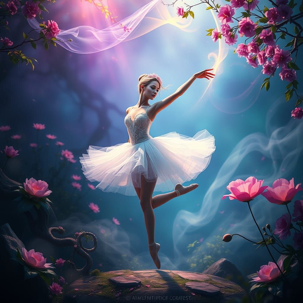 Ethereal Ballerina in Whimsical Dreamlike Landscape
