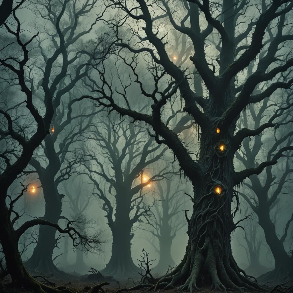 Ethereal Dark Fantasy: Creatures in Misty Forest