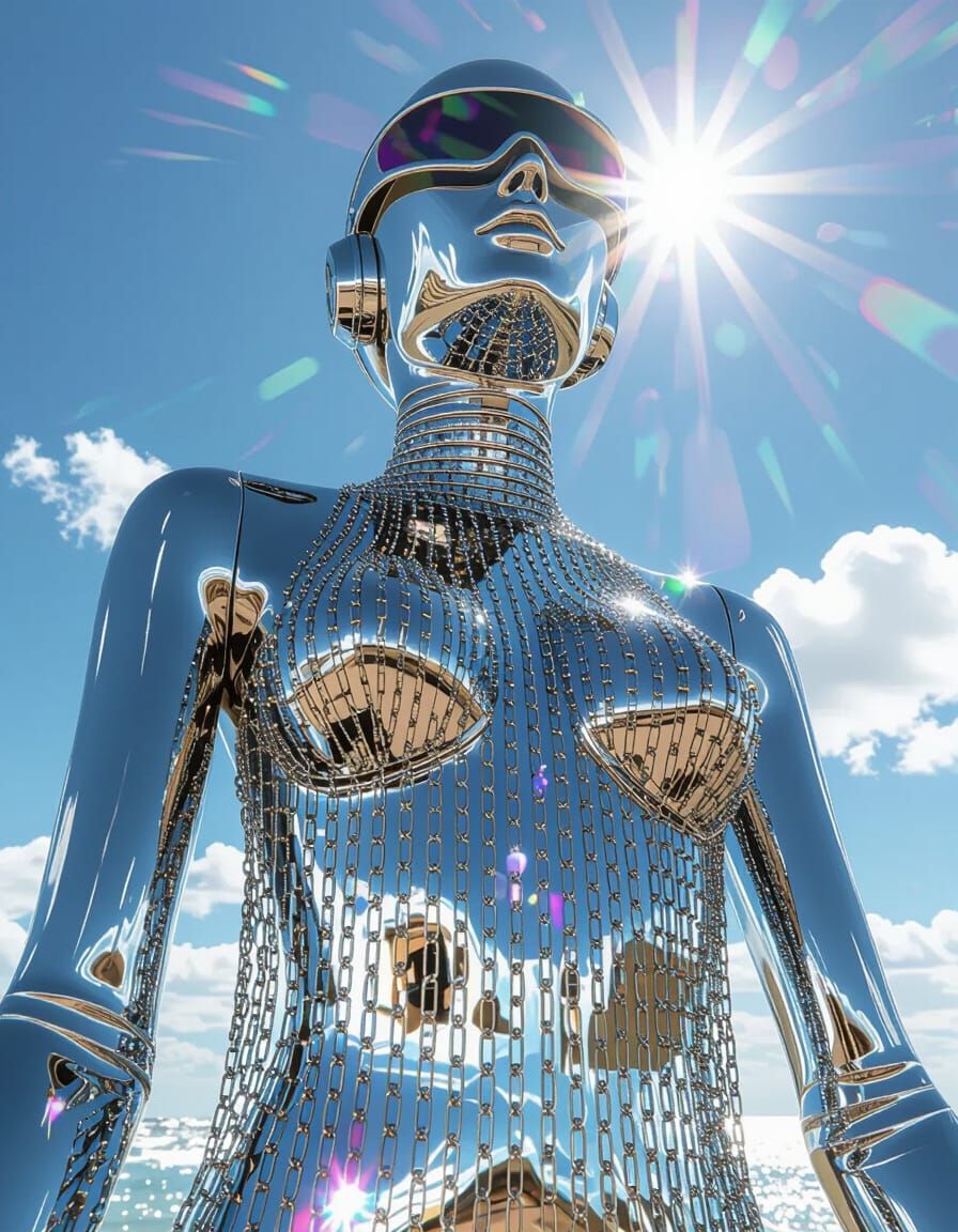 A towering chrome gynoid viewed from worm’s-eye perspective glitters beneath noon skies. Thousands of micro-chain links ...