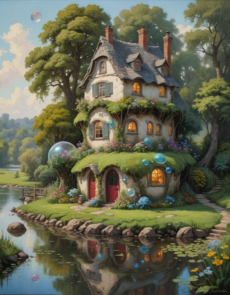 Fantasy Bubble Cottage by Riverside: Oil Painting