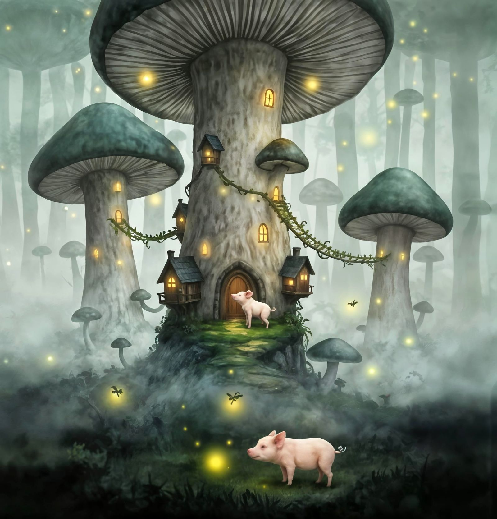 Whimsical Piglet Village in Bioluminescent Mushroom Forest