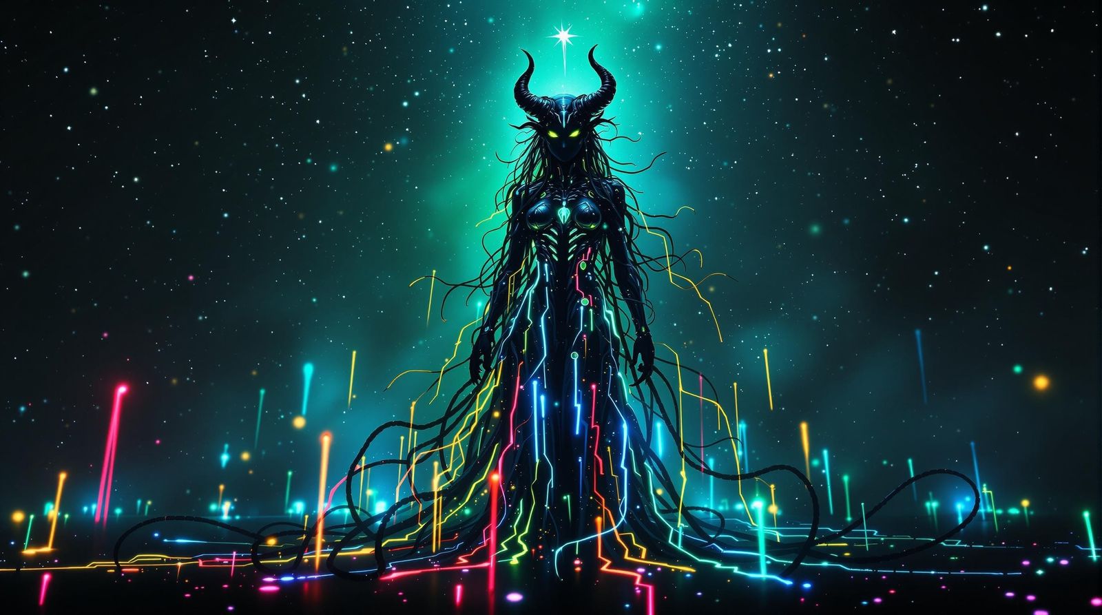 Hyperrealistic Demon Goddess in Cosmic Neon Beauty